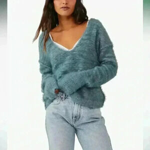 Free People Womens Serendipity Eyelash V-Neck Pullover Sweater Blue XS